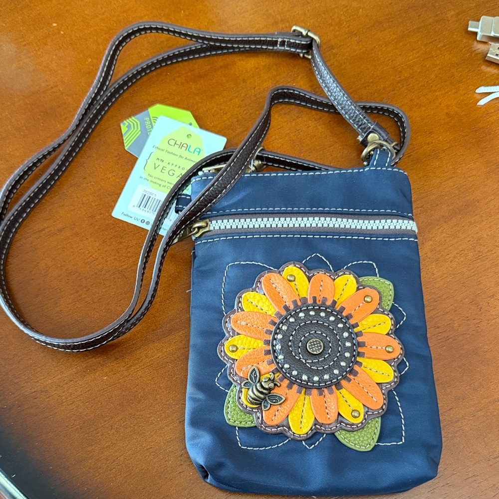 Chala Navy Crossbody Bag with Orange Yellow Floral Applique
